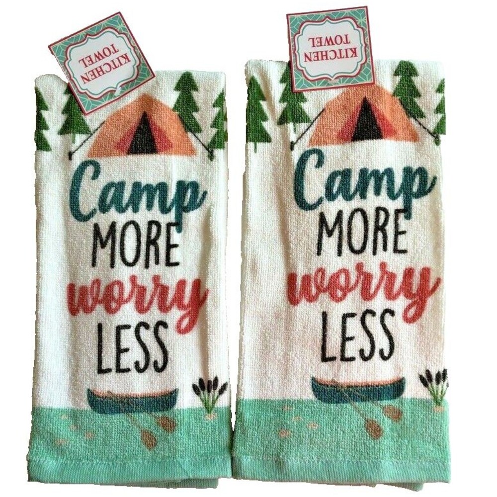 Camping Dish Towels Cabin Lodge Tent Camp More Worry Less 100% Cotton Set of 2